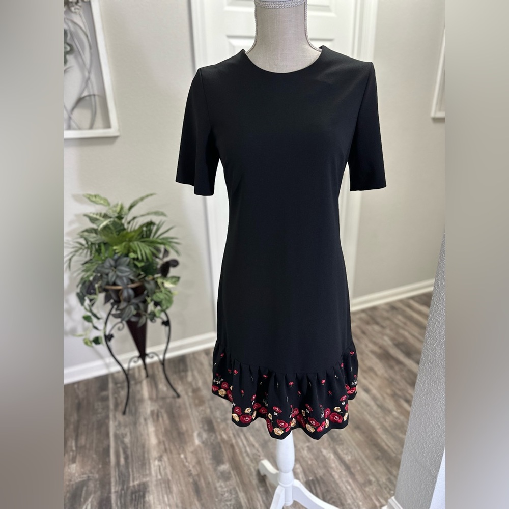 Calvin Klein Women’s Short Sleeve Embroidered Flutter Hem Black Dress